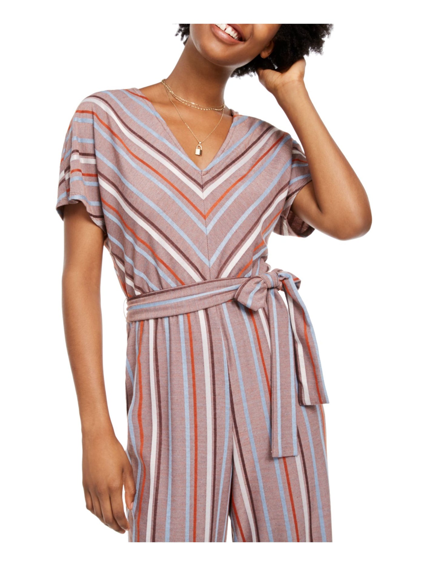 CRYSTAL DOLLS Womens Brown Belted Striped Short Sleeve V Neck Wide Leg Jumpsuit XXS