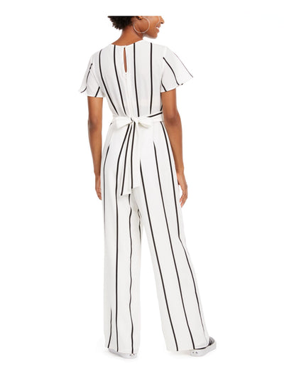 CRYSTAL DOLLS Womens White Striped Short Sleeve V Neck Wear To Work Straight leg Jumpsuit 1