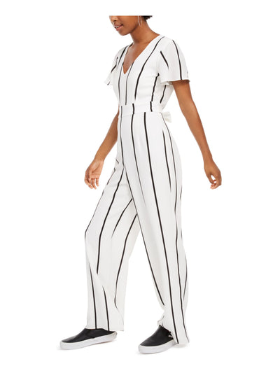 CRYSTAL DOLLS Womens White Striped Short Sleeve V Neck Wear To Work Straight leg Jumpsuit 1