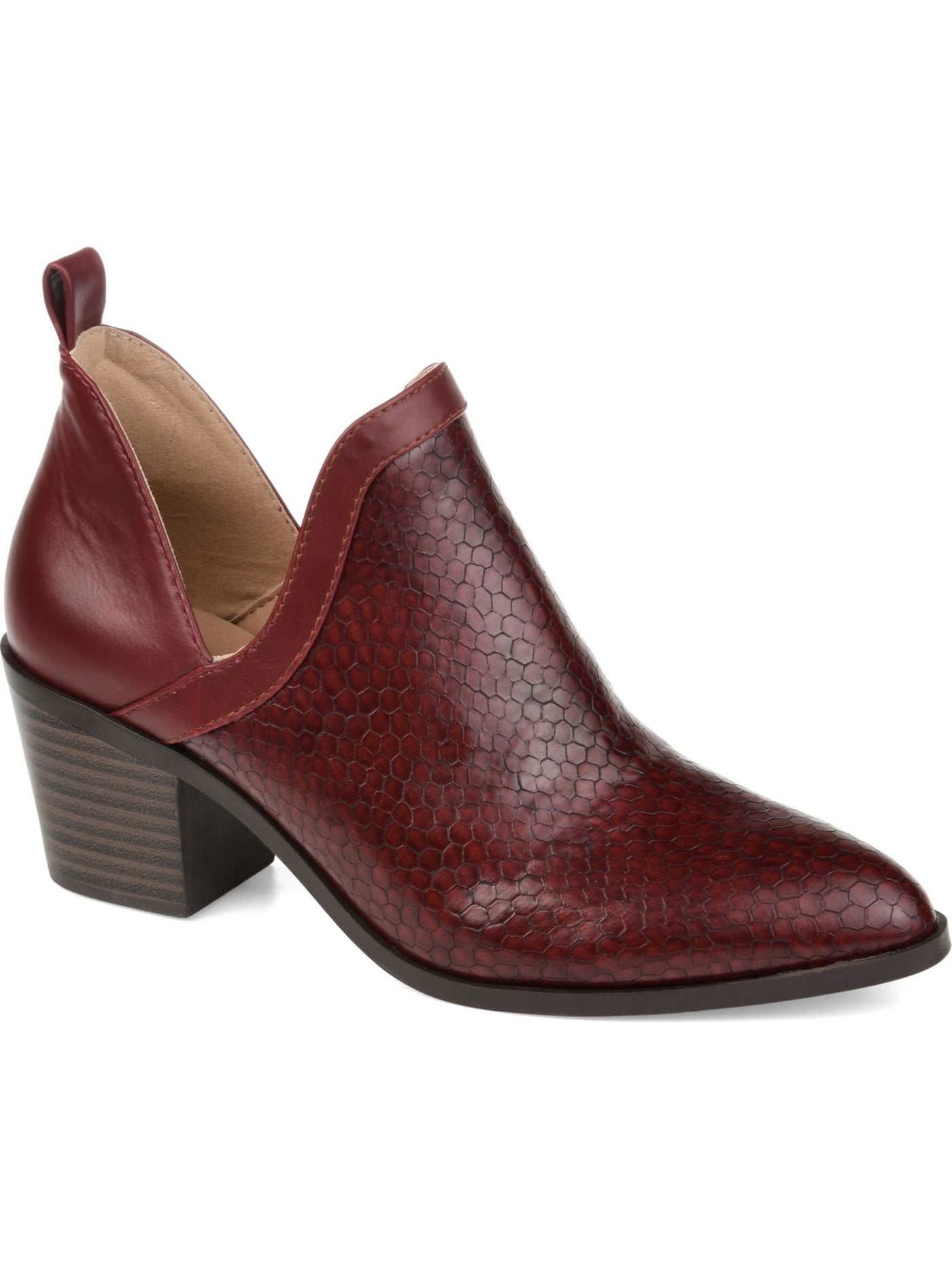 JOURNEE COLLECTION Womens Burgundy Snake V Cut Slits Back Pull Tab Cushioned Terri Almond Toe Block Heel Slip On Booties 7