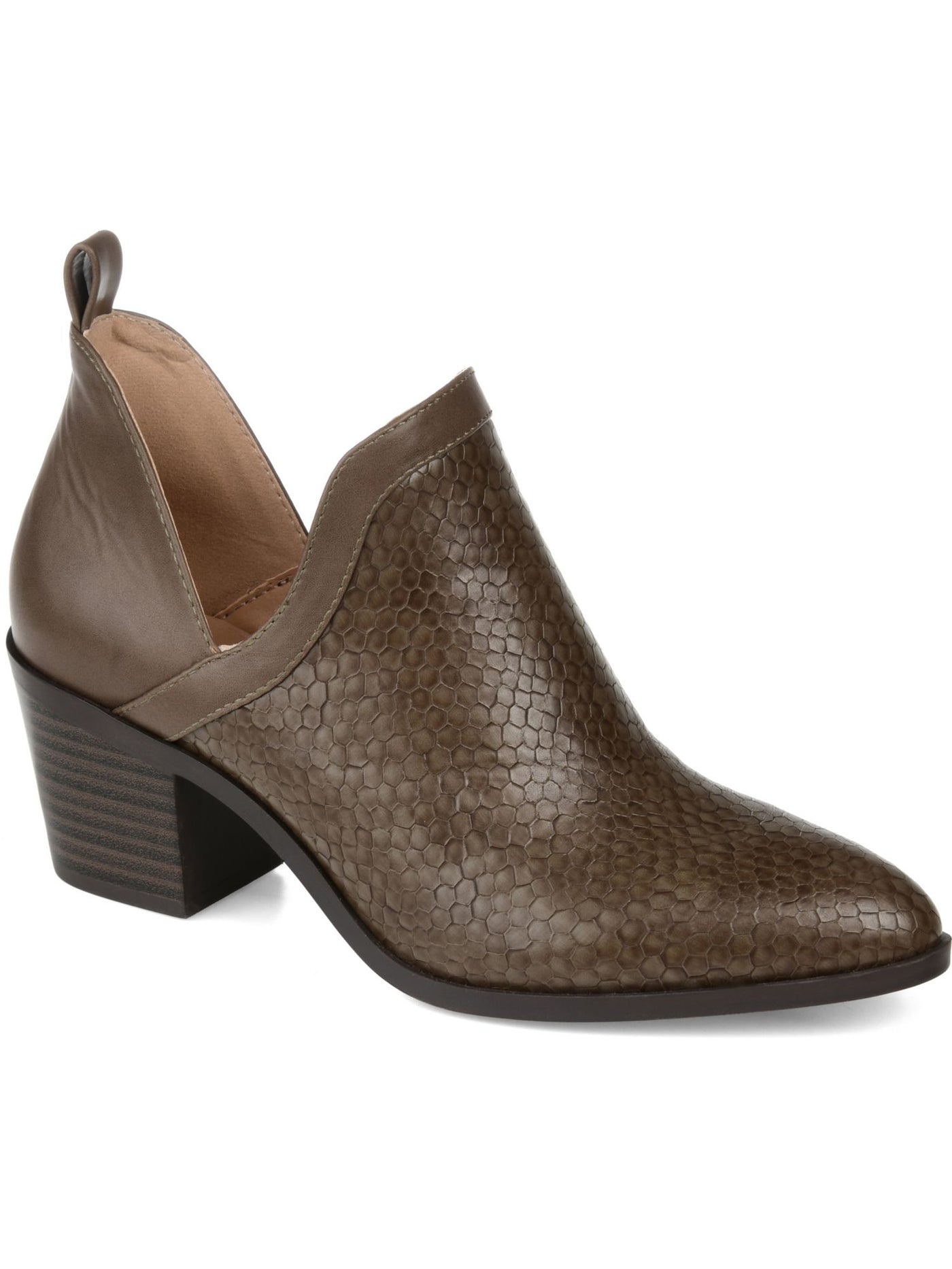 JOURNEE COLLECTION Womens Brown Snake V Cut Slits Back Pull Tab Cushioned Terri Almond Toe Block Heel Slip On Booties 8