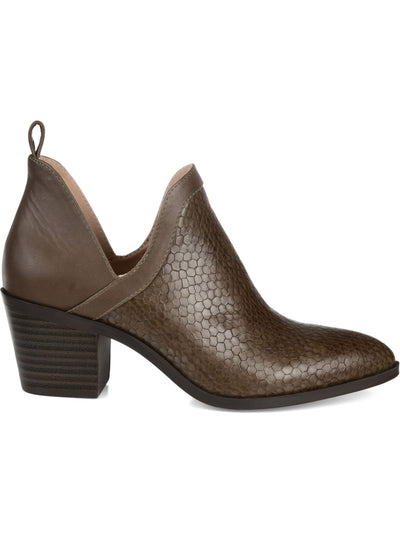 JOURNEE COLLECTION Womens Brown Snake V Cut Slits Back Pull Tab Cushioned Terri Almond Toe Block Heel Slip On Booties 8