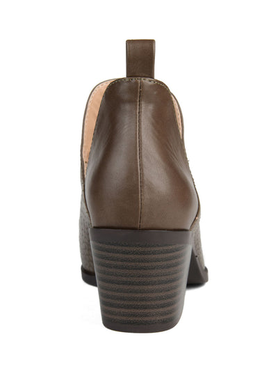 JOURNEE COLLECTION Womens Brown Snake V Cut Slits Back Pull Tab Cushioned Terri Almond Toe Block Heel Slip On Booties 7 M