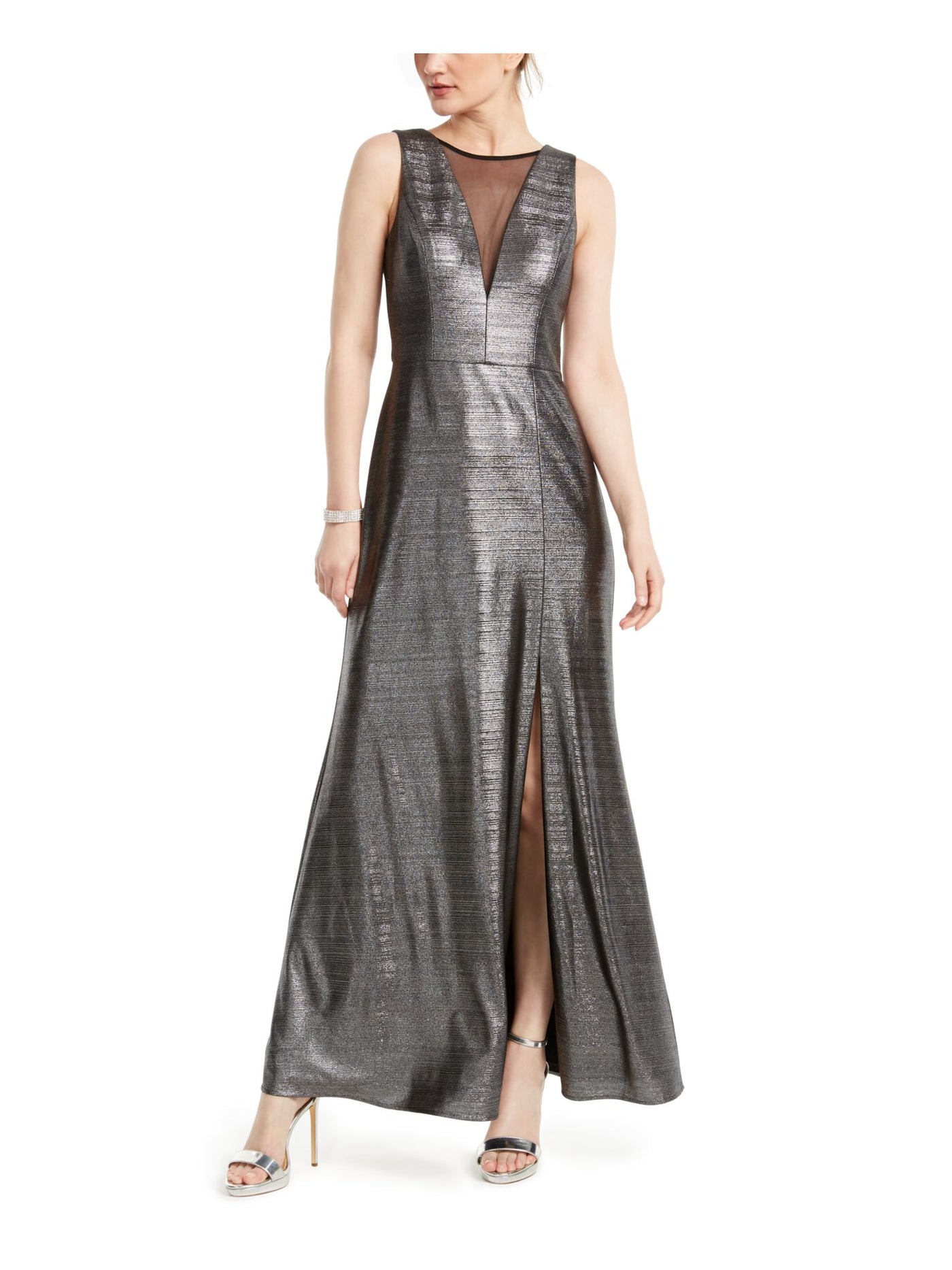 NIGHTWAY Womens Silver Sleeveless Illusion Neckline Maxi Evening Shift Dress 4