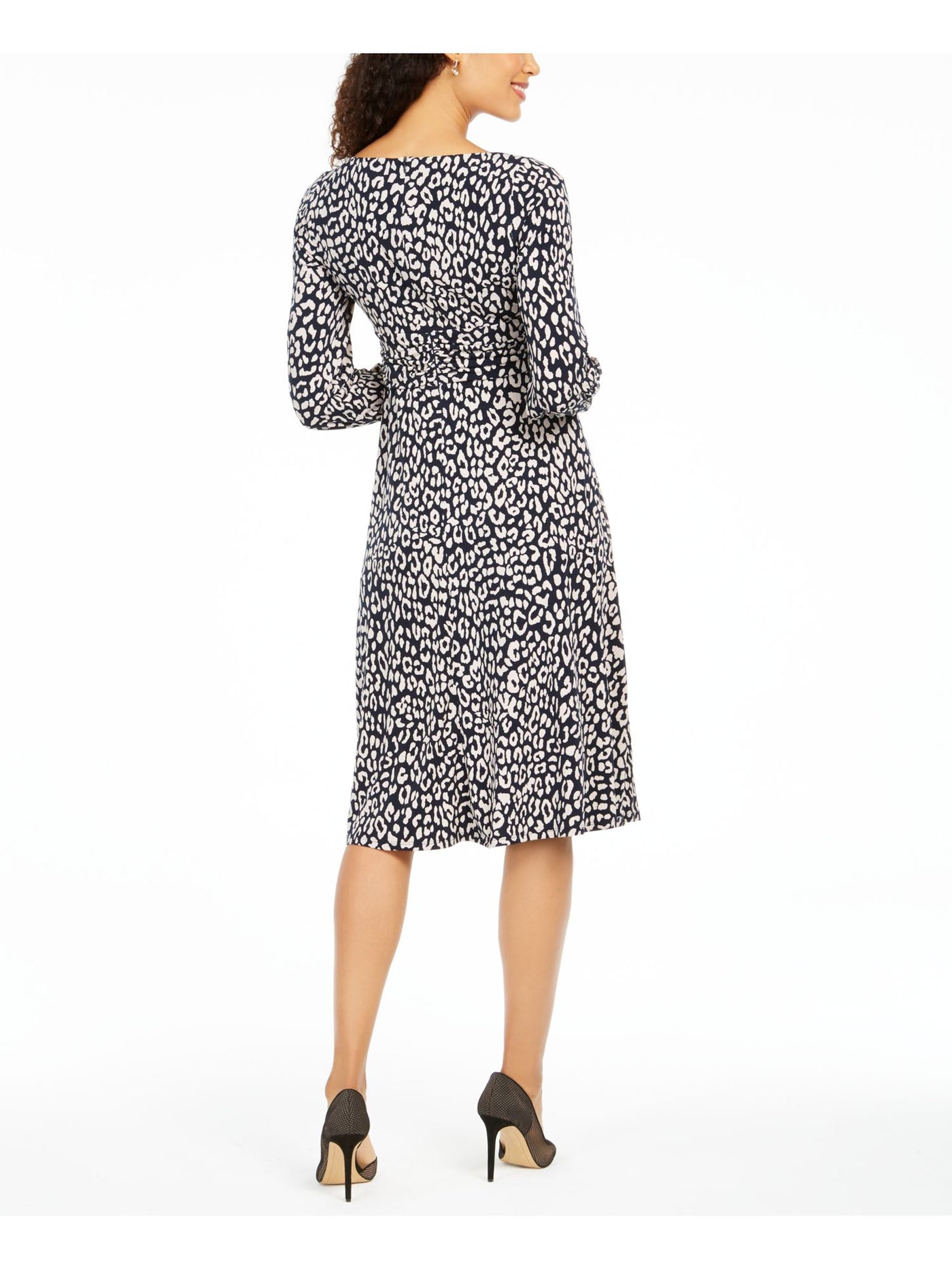 JESSICA HOWARD Womens Navy Ruched Zippered Button Cuffs Lined Animal Print Balloon Sleeve Round Neck Below The Knee Wear To Work A-Line Dress Petites 8P