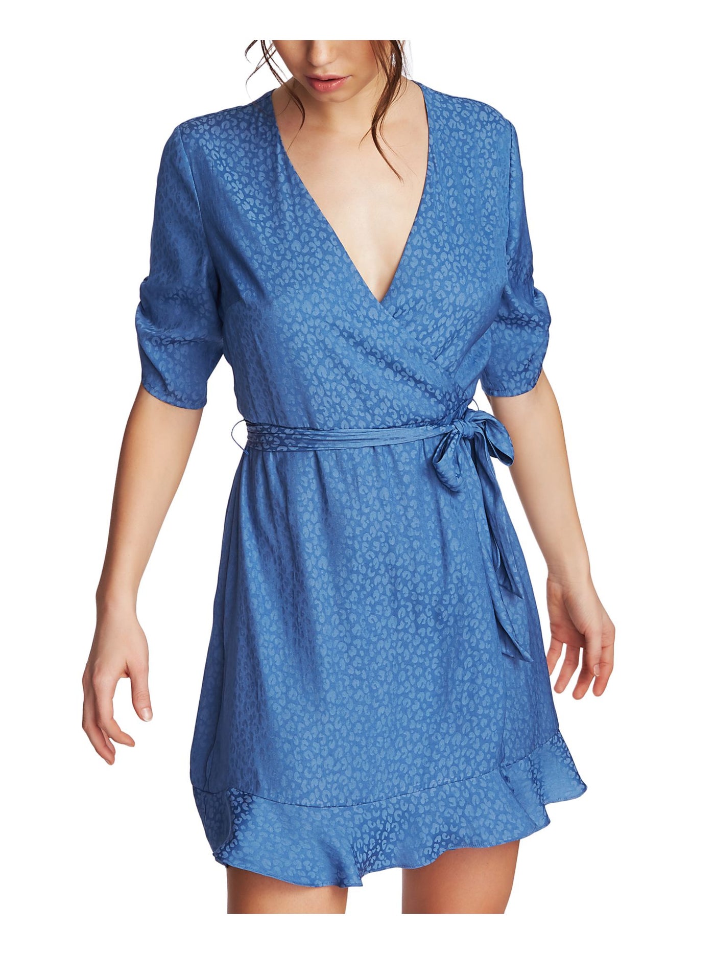 1. STATE Womens Ruffled Short Sleeve V Neck Mini Wrap Dress