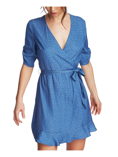 1. STATE Womens Ruffled Short Sleeve V Neck Mini Wrap Dress