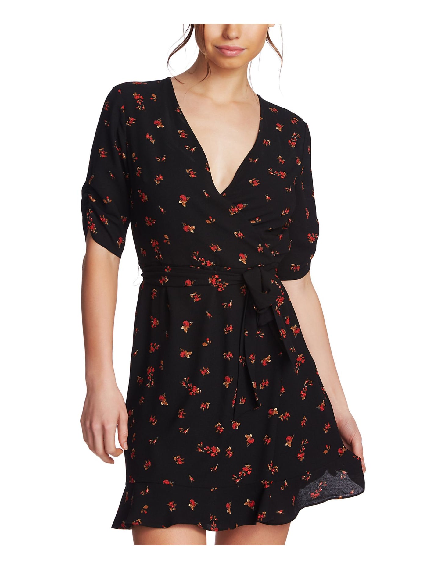 1. STATE Womens Black Floral Short Sleeve V Neck Mini Cocktail Wrap Dress 4