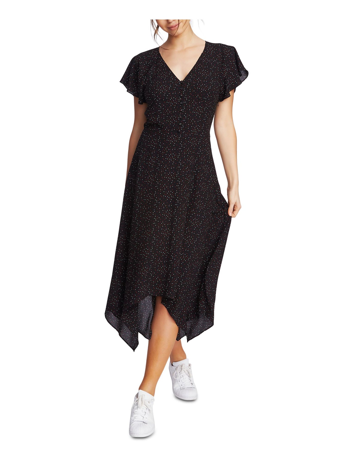 1. STATE Womens Black Polka Dot Cap Sleeve V Neck Dress 0