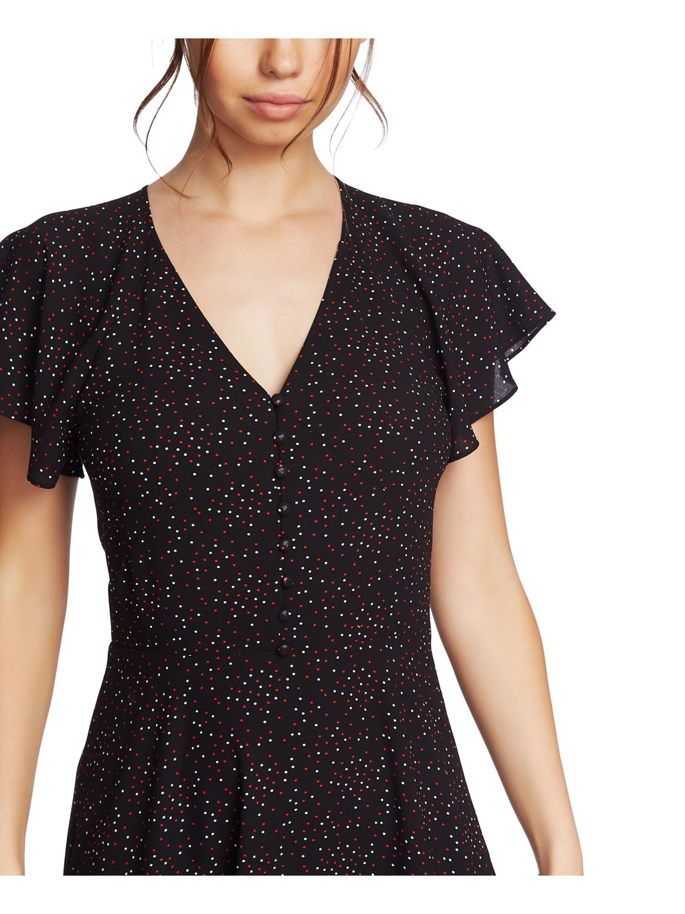 1. STATE Womens Black Polka Dot Cap Sleeve V Neck Dress 2