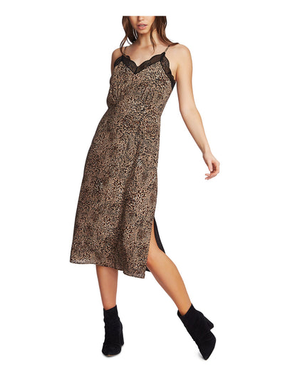 1. STATE Womens Brown Lace Animal Print Spaghetti Strap V Neck Maxi Party Shift Dress 6