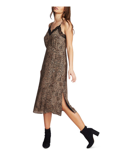 1. STATE Womens Brown Lace Animal Print Spaghetti Strap V Neck Maxi Party Shift Dress 8