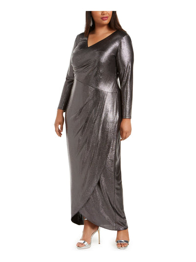 ADRIANNA PAPELL Womens Silver Glitter Zippered Long Sleeve V Neck Maxi Evening Faux Wrap Dress Plus 20W