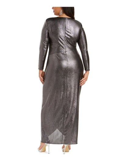 ADRIANNA PAPELL Womens Silver Glitter Zippered Long Sleeve V Neck Maxi Evening Faux Wrap Dress Plus 20W