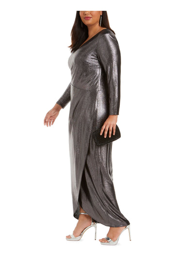 ADRIANNA PAPELL Womens Silver Glitter Zippered Long Sleeve V Neck Maxi Evening Faux Wrap Dress Plus 20W