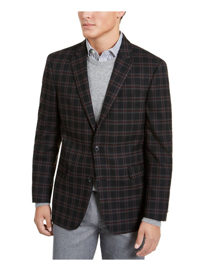 TOMMY HILFIGER Mens Black Single Breasted, Ultraflex, Plaid Classic Fit Sport Coat 42R