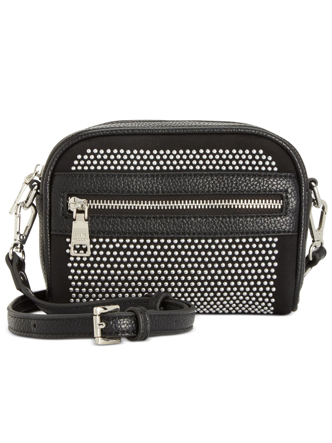 STEVE MADDEN Black Baudry Leather Silver Studs Adjustable Strap Crossbody Handbag Purse