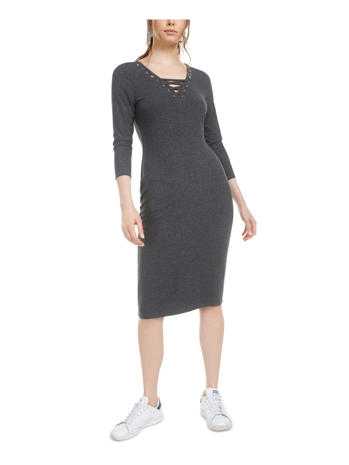 BAR III Womens Gray 3/4 Sleeve Tie Neck Below The Knee Body Con Dress Size: XXS