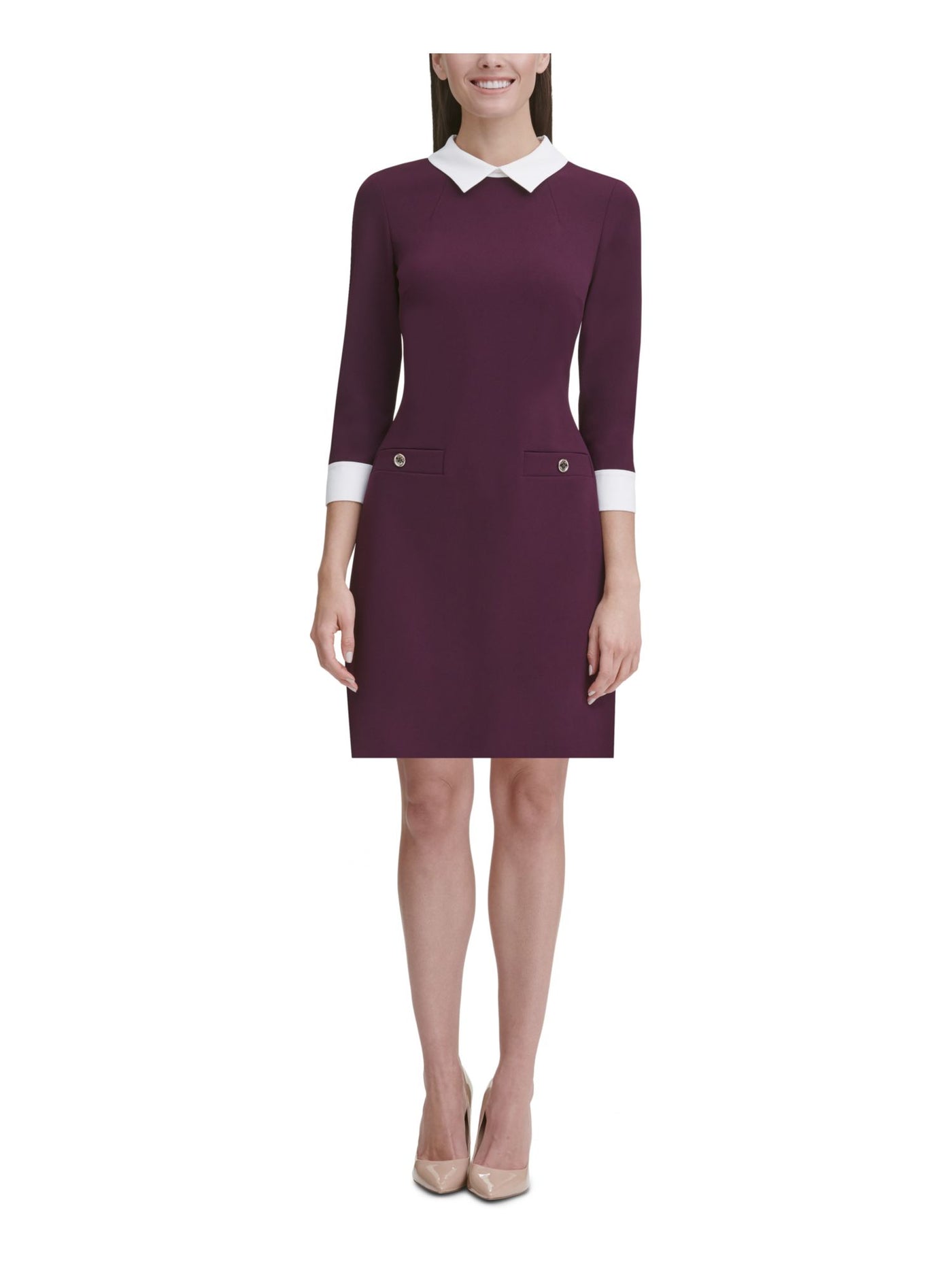 TOMMY HILFIGER Womens Purple 3/4 Sleeve Above The Knee Sheath Dress Size: 14