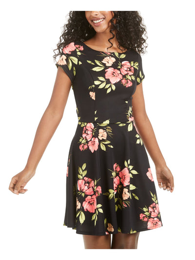 TRIXXI Womens Black Floral Short Sleeve V Neck Above The Knee Fit + Flare Dress S