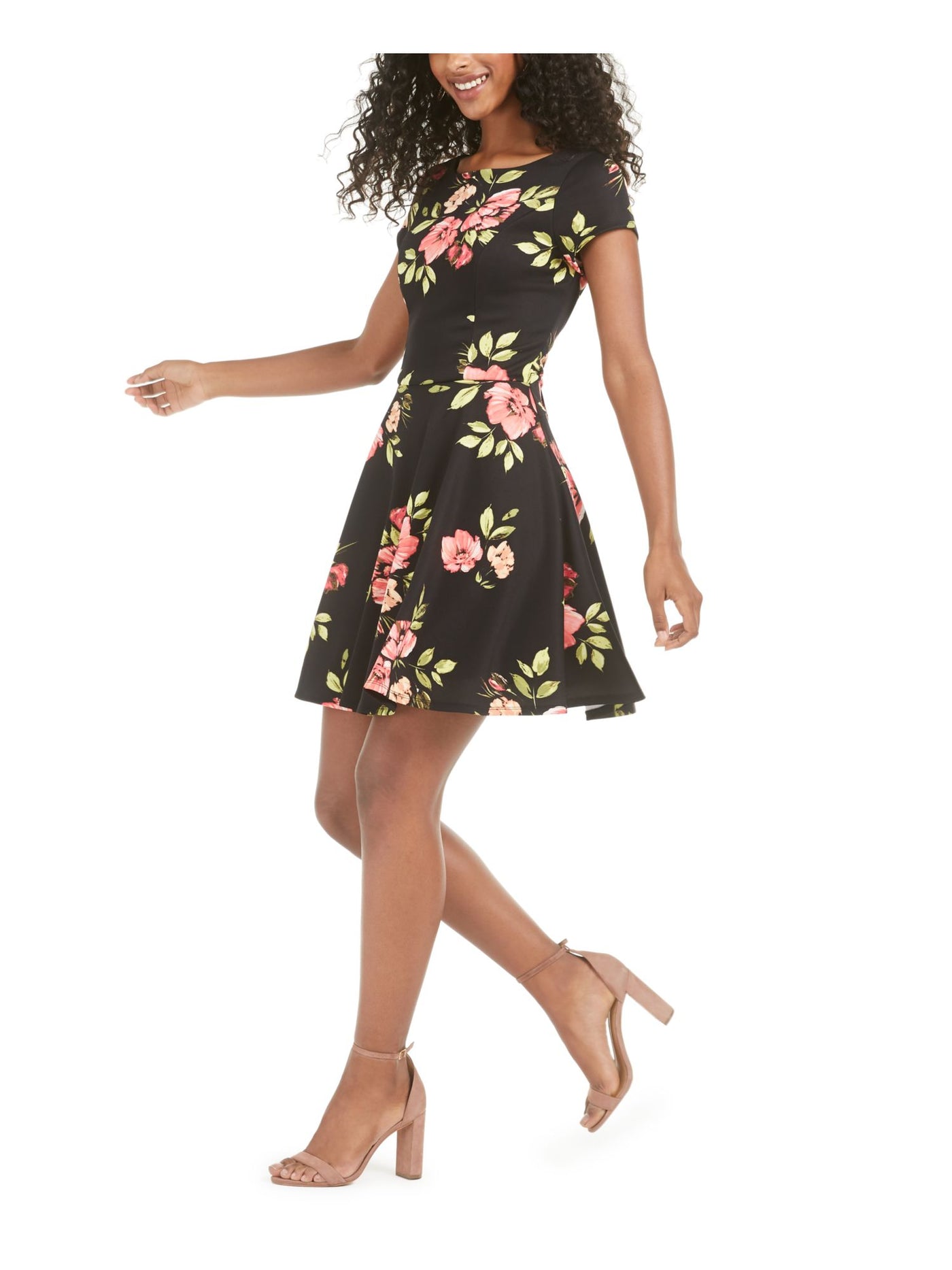 TRIXXI Womens Black Floral Short Sleeve V Neck Above The Knee Fit + Flare Dress S