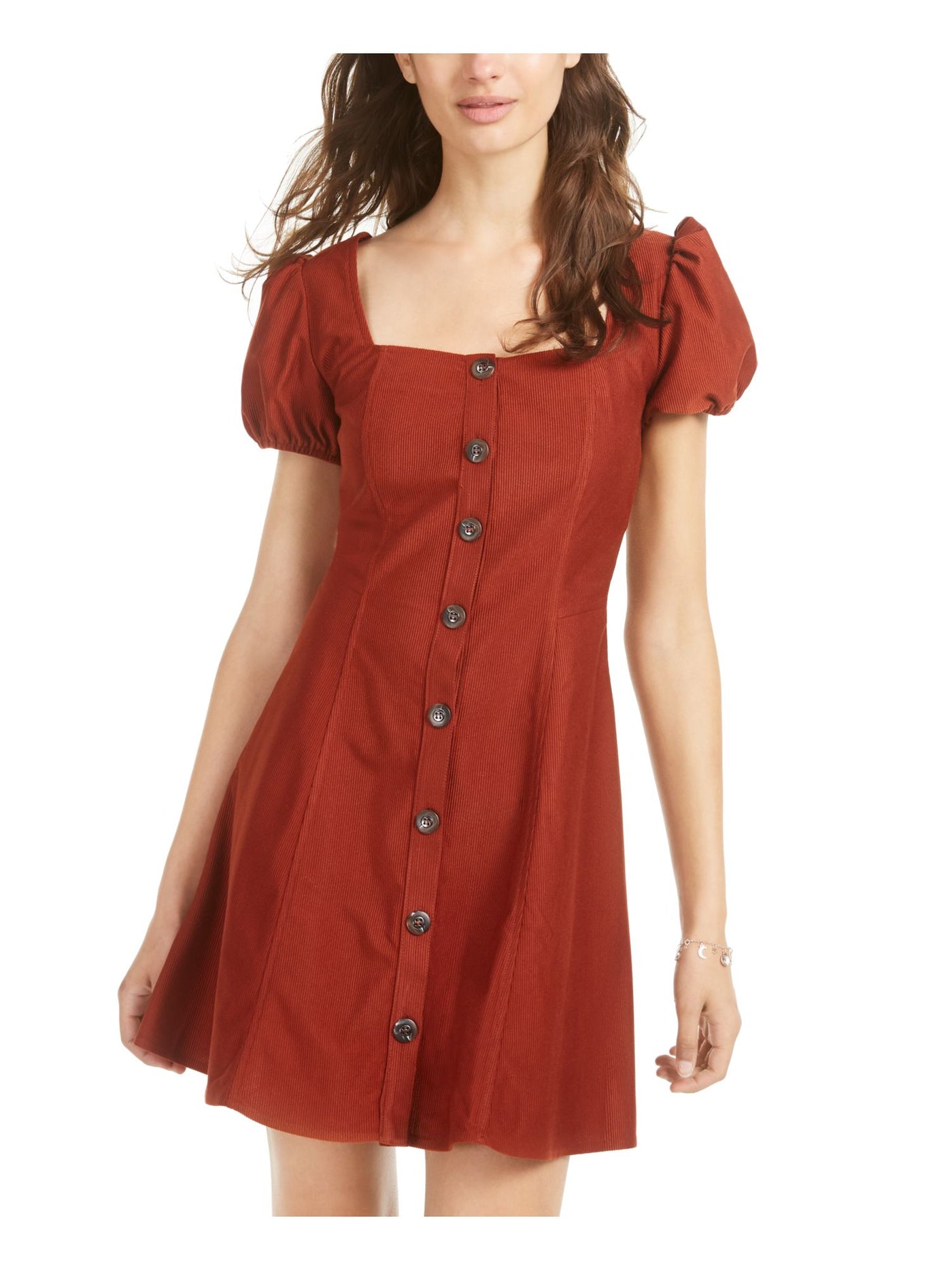 SEQUIN HEARTS Womens Orange Pouf Sleeve Square Neck Short Fit + Flare Dress S