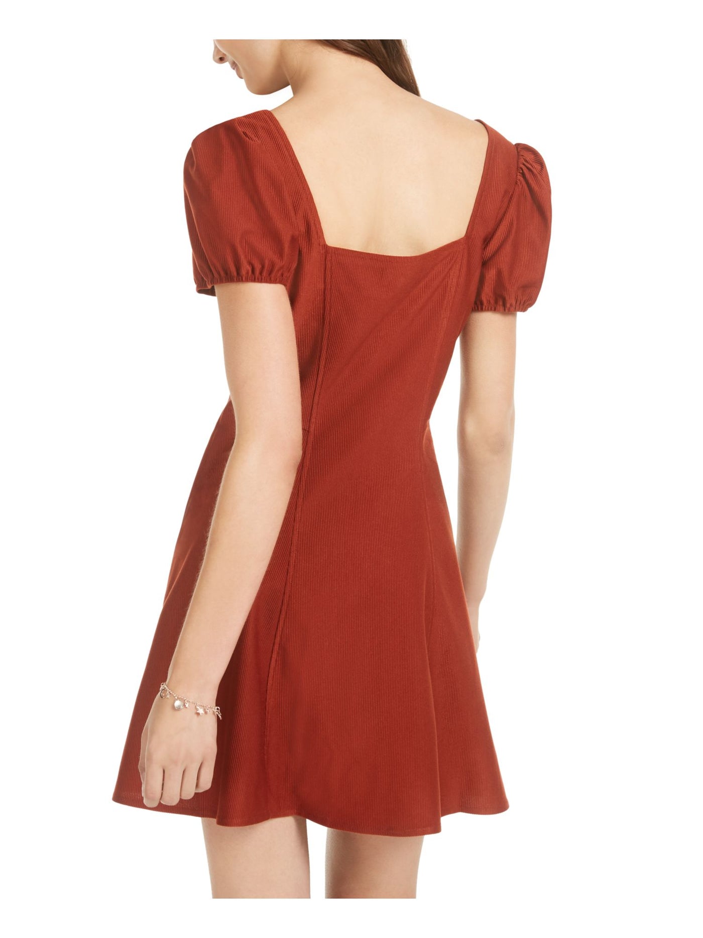 SEQUIN HEARTS Womens Orange Pouf Sleeve Square Neck Short Fit + Flare Dress S