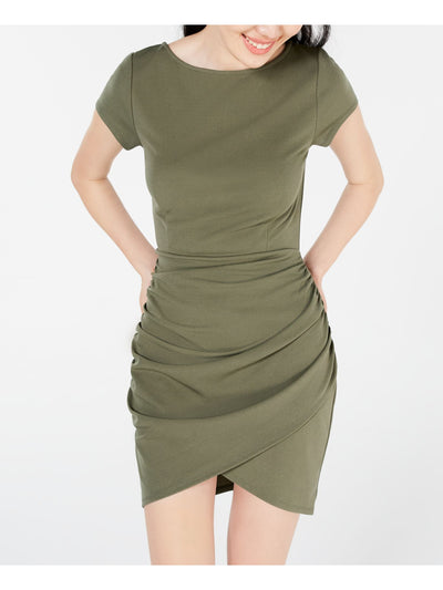 PLANET GOLD Womens Green Zippered Short Sleeve Jewel Neck Short Cocktail Body Con Dress XXS