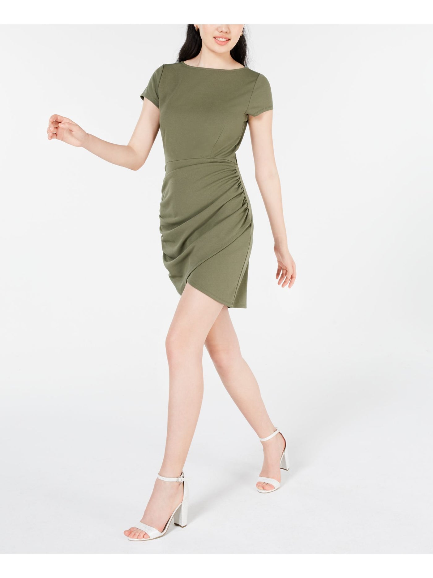 PLANET GOLD Womens Green Zippered Short Sleeve Jewel Neck Short Cocktail Body Con Dress XXS
