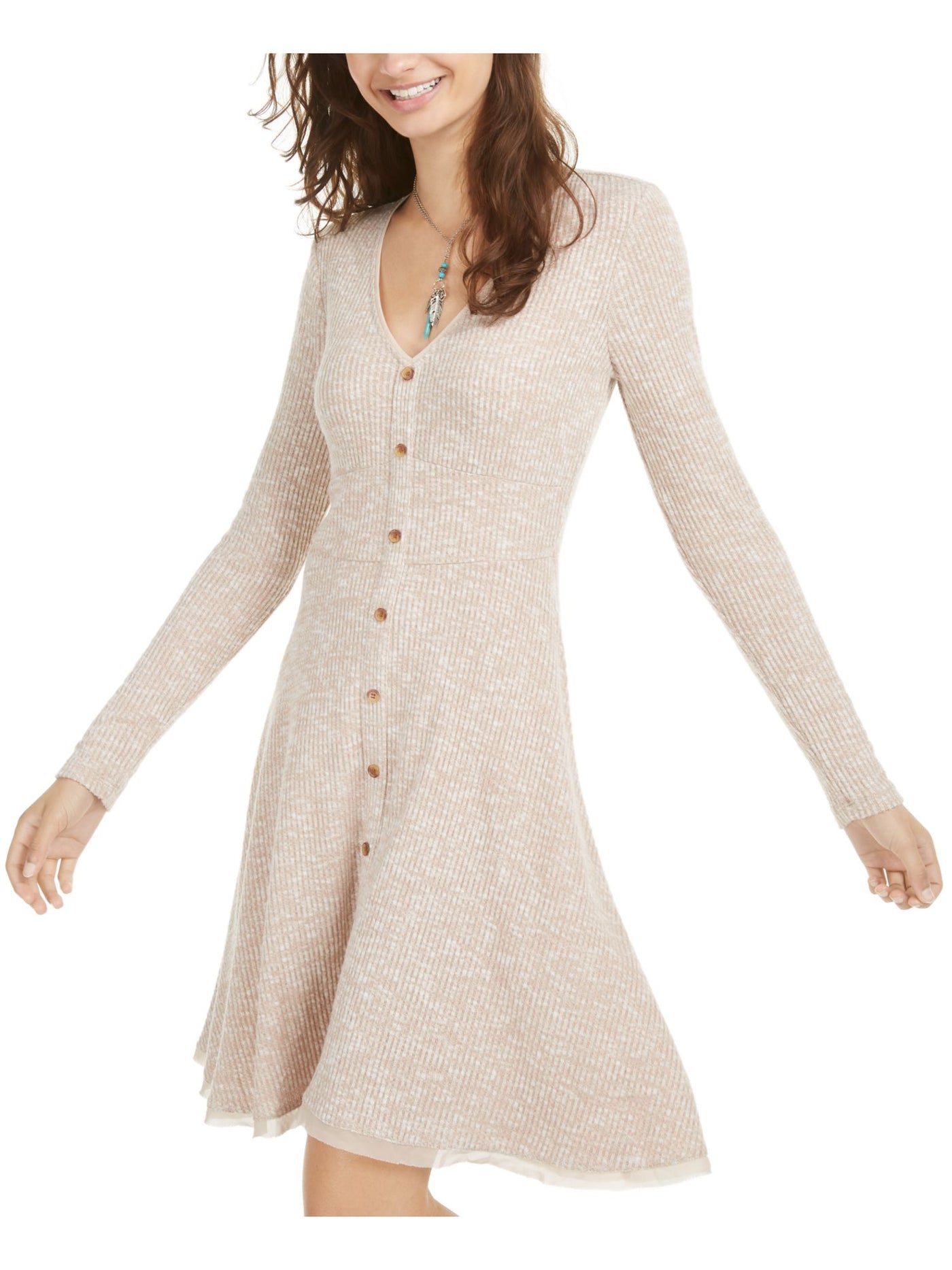 AMERICAN RAG Womens Beige Long Sleeve V Neck Above The Knee Fit + Flare Dress Juniors XS