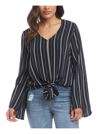 KAREN KANE Womens Black Pinstripe Bell Sleeve V Neck Top XS