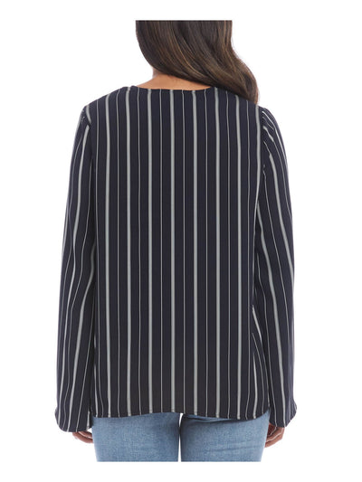 KAREN KANE Womens Black Pinstripe Bell Sleeve V Neck Top XS