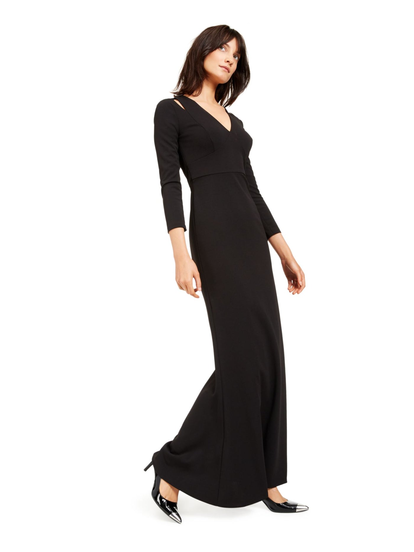 CALVIN KLEIN Womens Black Cut Out Zippered 3/4 Sleeve V Neck Maxi Evening Fit + Flare Dress 4