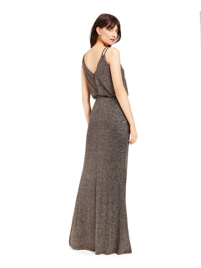 CALVIN KLEIN Womens Glitter Spaghetti Strap V Neck Full-Length Evening Blouson Dress