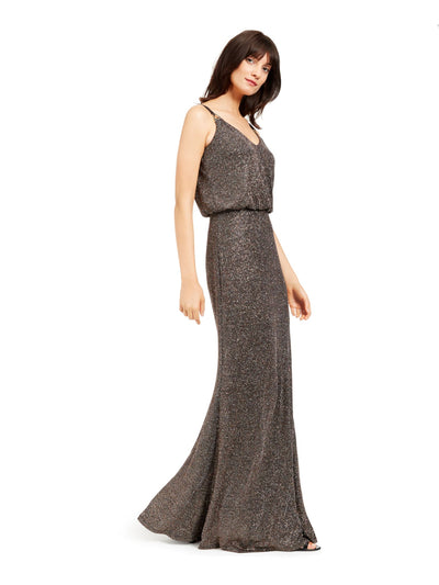 CALVIN KLEIN Womens Black Glitter Spaghetti Strap V Neck Full-Length Evening Blouson Dress 10