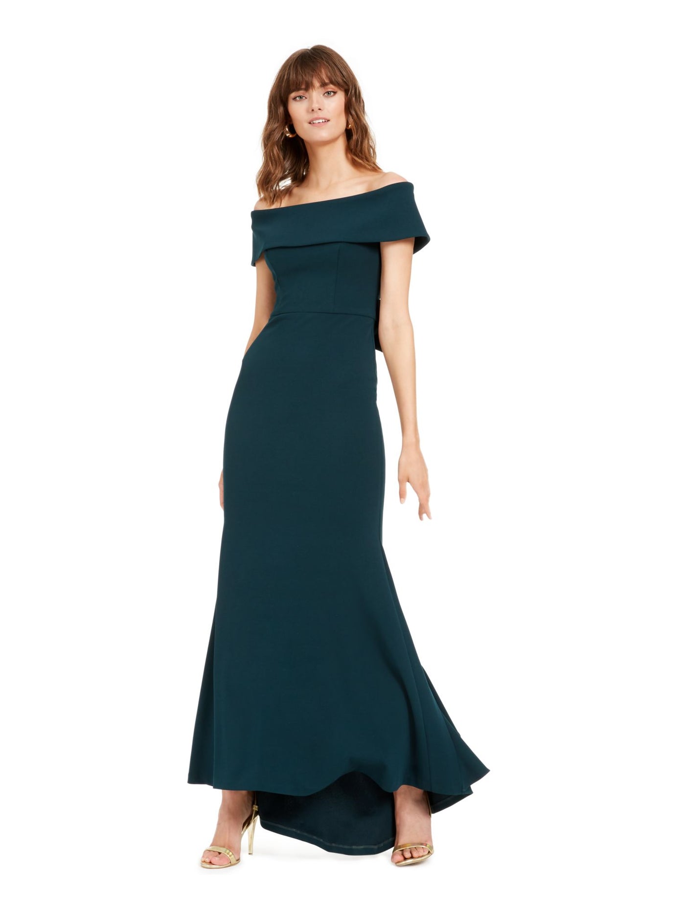 BETSY & ADAM Womens Green Ruffled Off Shoulder Full-Length Formal Sheath Dress 2