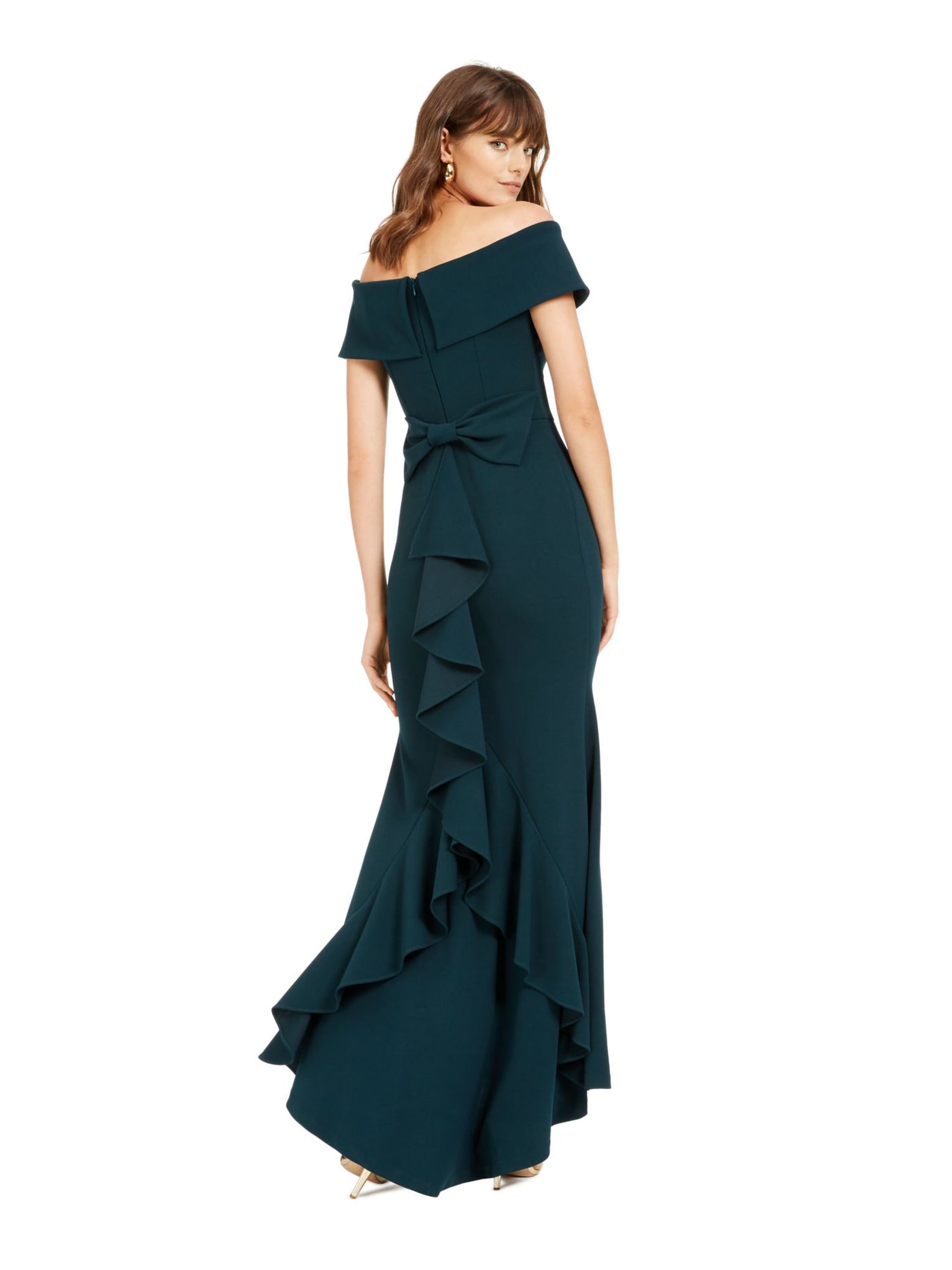 BETSY & ADAM Womens Green Ruffled Off Shoulder Full-Length Formal Sheath Dress 2