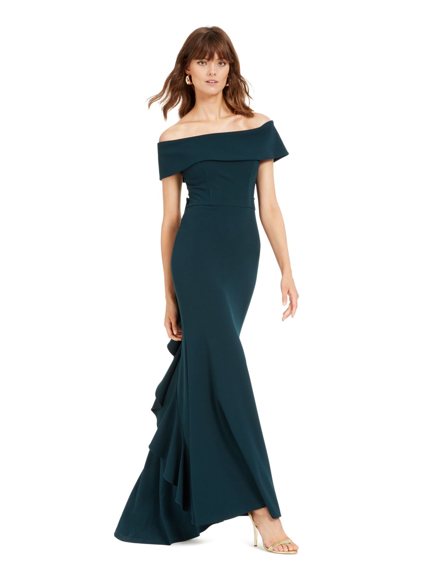 BETSY & ADAM Womens Green Ruffled Off Shoulder Full-Length Formal Sheath Dress 8