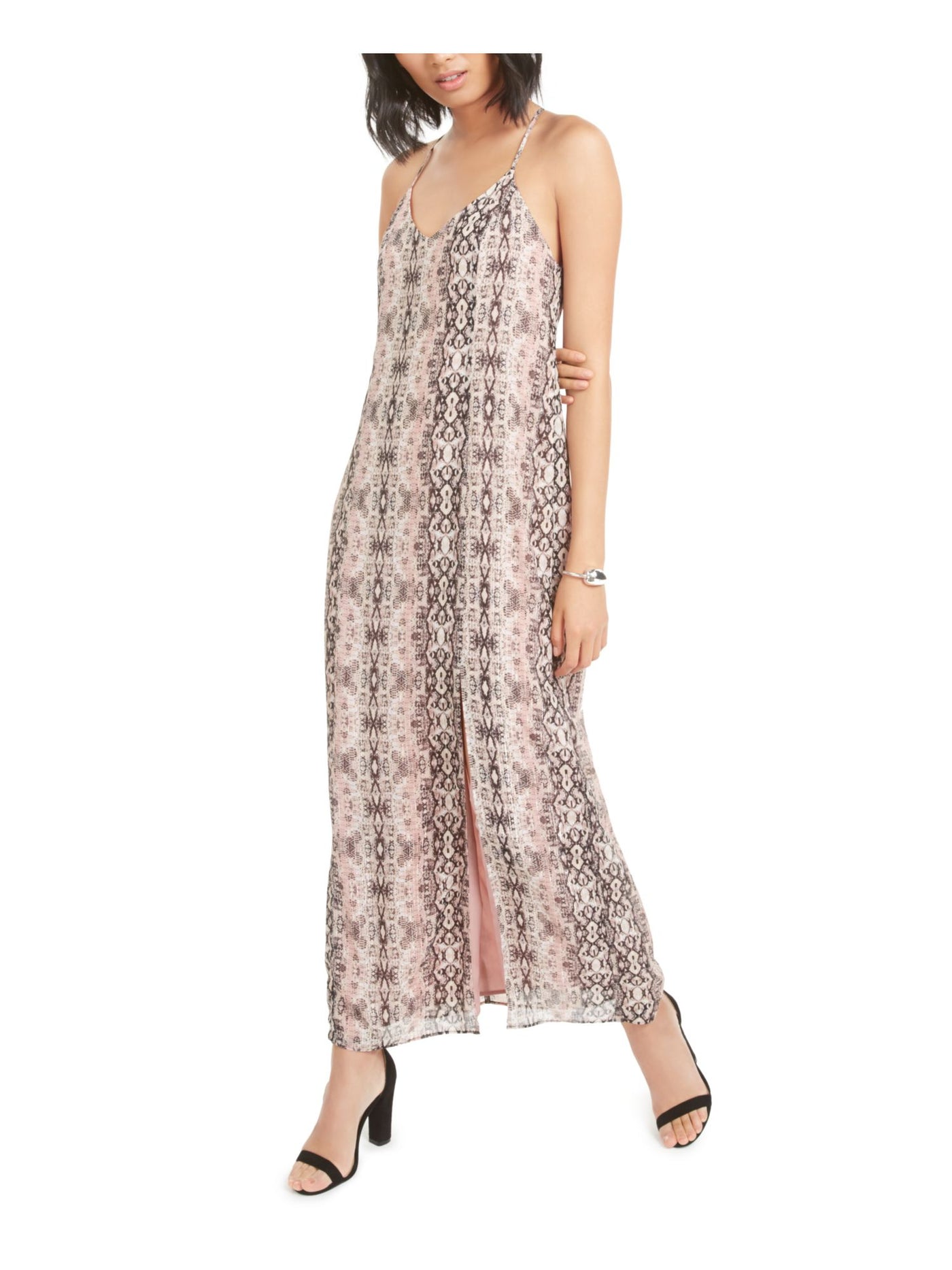 BAR III Womens Pink Printed Spaghetti Strap V Neck Maxi Shift Dress 0