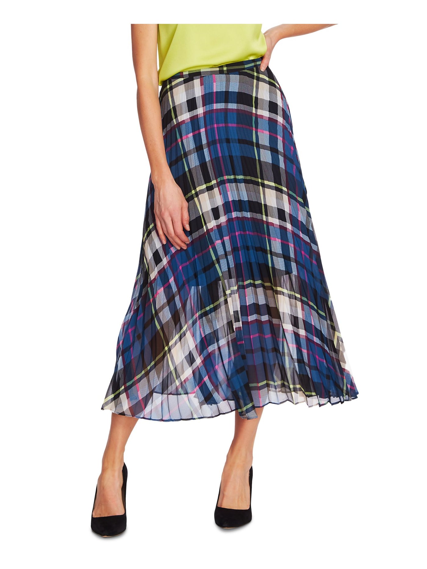 VINCE CAMUTO Womens Teal Plaid Tea-Length Pleated Skirt M