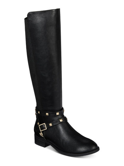 THALIA SODI Womens Black Studded Stretch Cushioned Buckle Accent Vallie Round Toe Block Heel Zip-Up Riding Boot 9 M