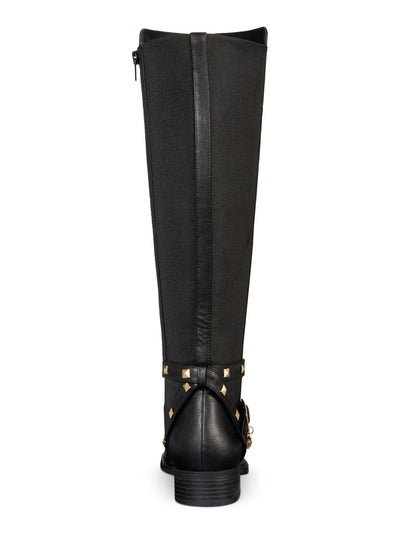 THALIA SODI Womens Black Studded Stretch Cushioned Buckle Accent Vallie Round Toe Block Heel Zip-Up Riding Boot 9 M