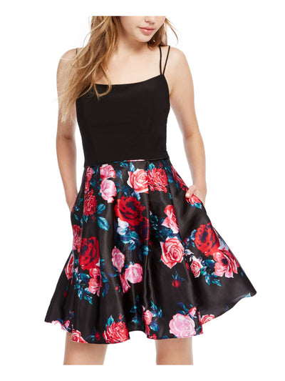 BLONDIE NITES Womens Black Pockets Floral Spaghetti Strap Scoop Neck Short Party Fit + Flare Dress 9