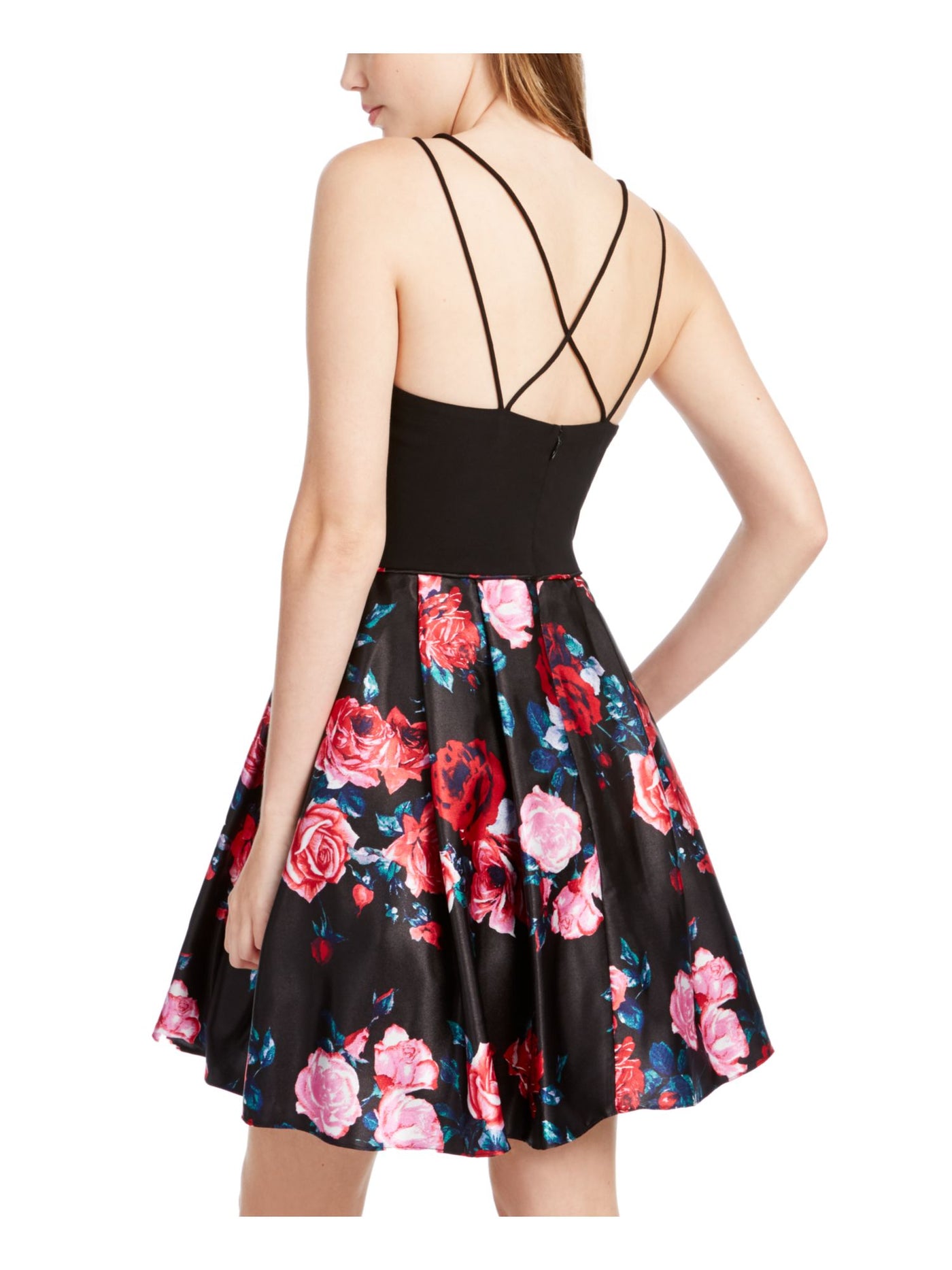 BLONDIE NITES Womens Black Pockets Floral Spaghetti Strap Scoop Neck Short Party Fit + Flare Dress 9