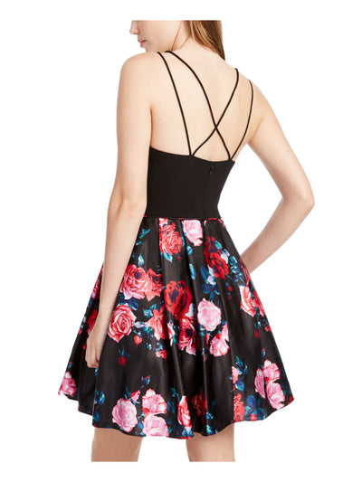 BLONDIE NITES Womens Black Pockets Floral Spaghetti Strap Scoop Neck Short Party Fit + Flare Dress 9