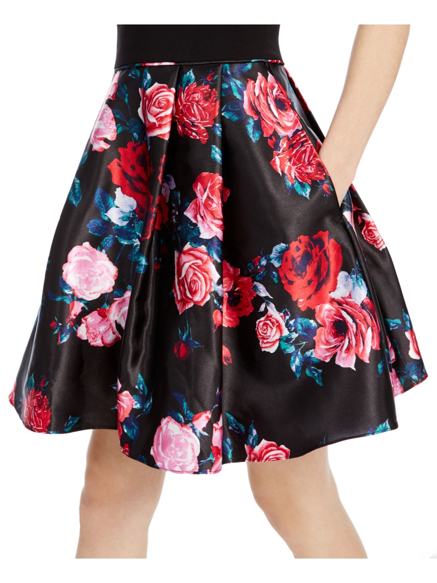 BLONDIE Womens Black Pockets Floral Spaghetti Strap Scoop Neck Short Party Fit + Flare Dress 1