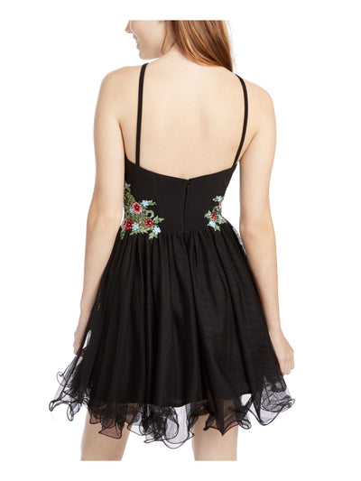 BLONDIE NITES Womens Black Embroidered Zippered Floral Sleeveless Halter Short Party Fit + Flare Dress Juniors 5