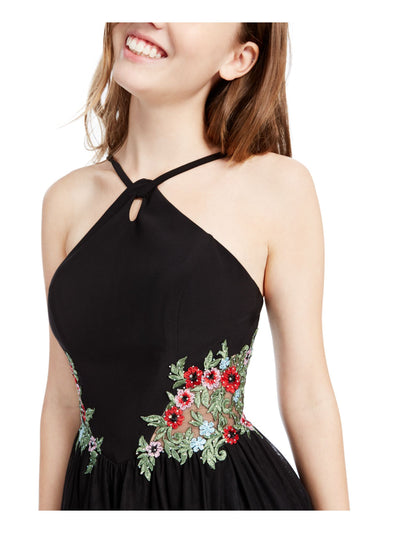 BLONDIE NITES Womens Black Embroidered Zippered Floral Sleeveless Halter Short Party Fit + Flare Dress Juniors 5