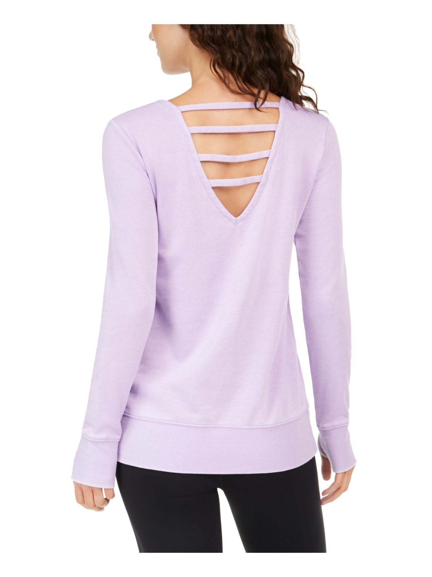 IDEOLOGY Womens Purple Cut Out  Low Back Printed Long Sleeve Jewel Neck Evening Top M