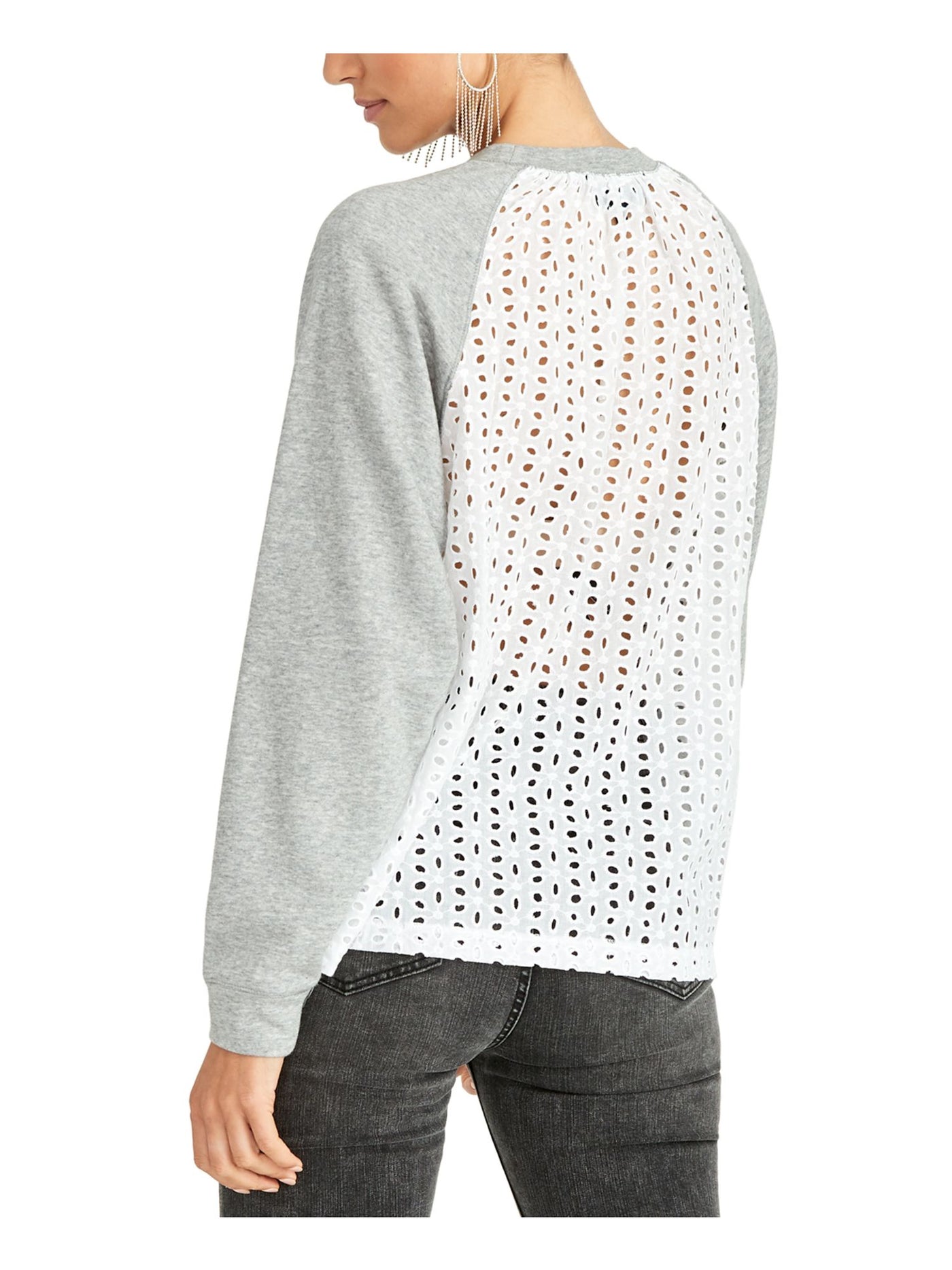 RACHEL ROY Womens Gray Eyelet Long Sleeve Jewel Neck Top S